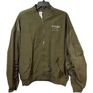 Victoria Secret PINK Jacket Green‎ Bomber Zip Front Ruched Sleeves Size XXL. NWT
